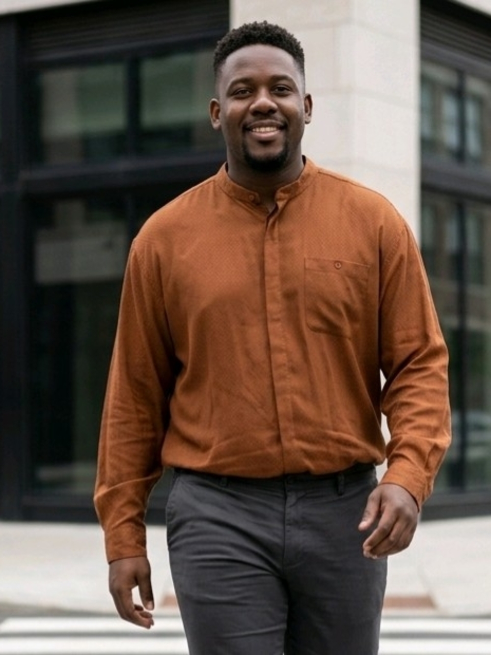 Bachrach Wool Blend Rust-Brown Long-Sleeve Button-Up Shirt Banded Collar XXL